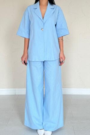 Mavi Önü Tek Düğmeli Ceket Pantolon Takım - 3