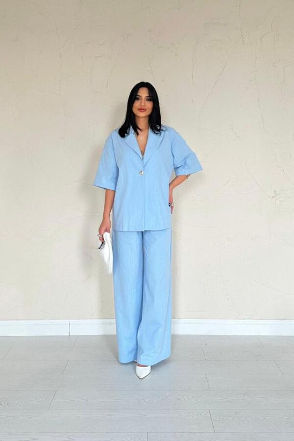 Mavi Önü Tek Düğmeli Ceket Pantolon Takım - 2