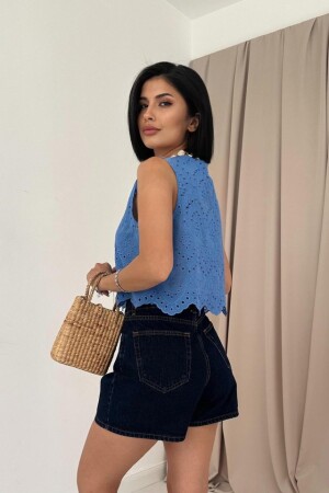 Mavi Sıfır Kol Brode Bluz - 4