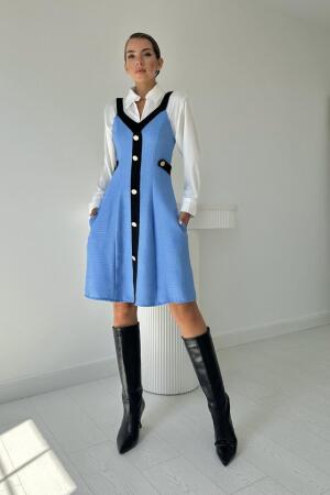 Mavi Siyah Süs Cepli Askılı Elbise - ANGELINO BuyukBedeniz