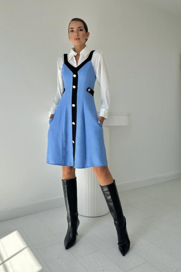 Mavi Siyah Süs Cepli Askılı Elbise - 1