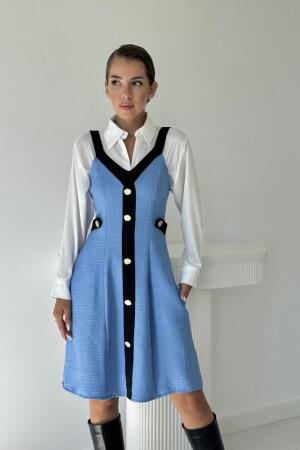 Mavi Siyah Süs Cepli Askılı Elbise - ANGELINO BuyukBedeniz (1)