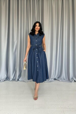 Mavi Tencel Çıtçıtlı Elbise - 1