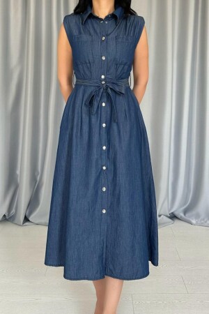 Mavi Tencel Çıtçıtlı Elbise - 4