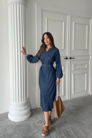 Mavi Tencel Uzun Kollu Elbise - 1
