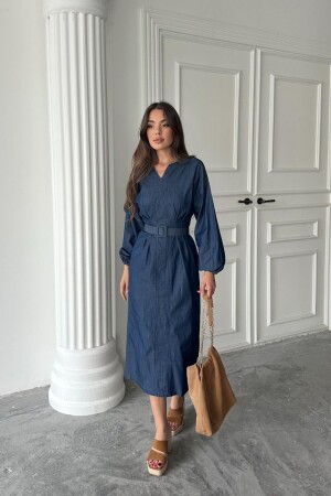 Mavi Tencel Uzun Kollu Elbise - 2