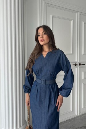 Mavi Tencel Uzun Kollu Elbise - 4