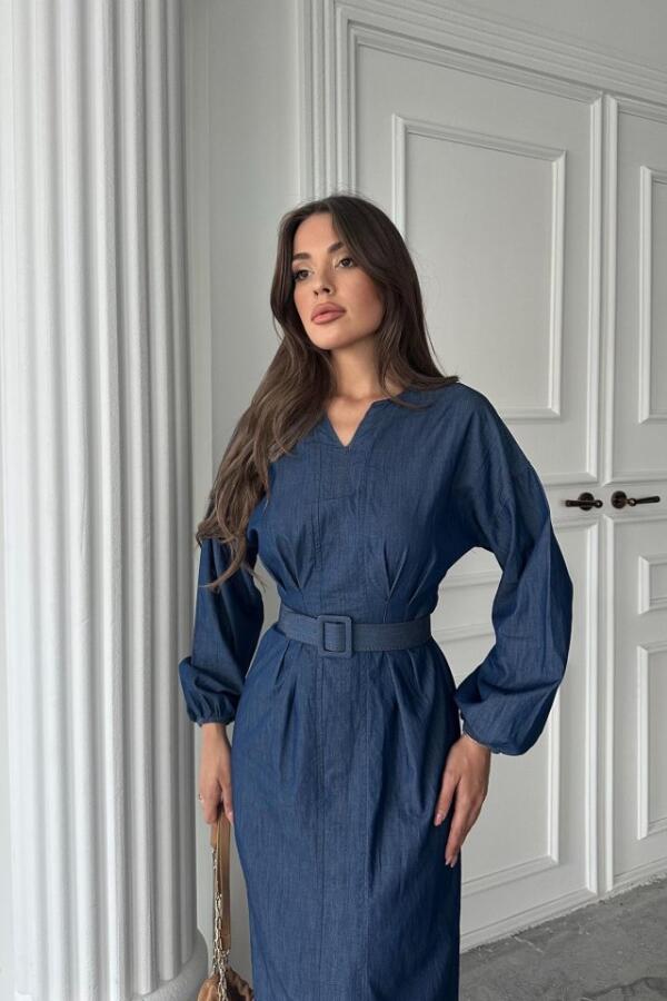 Mavi Tencel Uzun Kollu Elbise - 4