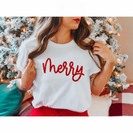 Merry Baskılı T-shirt - Beyaz - ANGELINO BuyukBedeniz