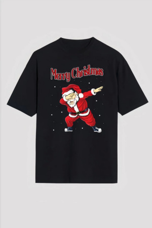 Merry Christmas Baskılı Noel Babalı T-shirt - Siyah - ANGELINO BuyukBedeniz