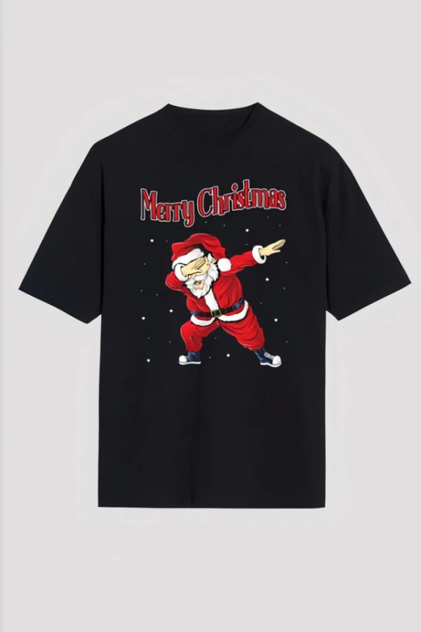 Merry Christmas Baskılı Noel Babalı T-shirt - Siyah - 1