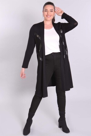 Black Cardigan with Metal Accessories and Leather Detail - 3