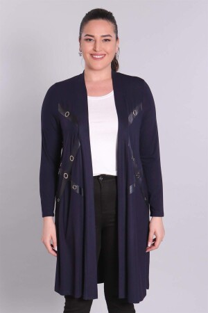 Navy Blue Cardigan with Metal Accessories and Leather Detail - 3