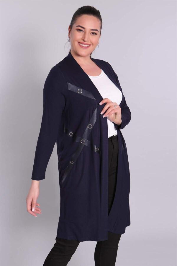 Navy Blue Cardigan with Metal Accessories and Leather Detail - 1