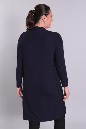 Navy Blue Cardigan with Metal Accessories and Leather Detail - 4