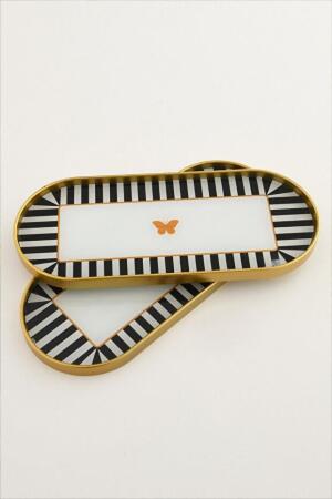 Kelebek Desen Detaylı Cam Sunum Tepsisi Gold 2 Adet 12x30 cm - 3