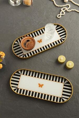 Kelebek Desen Detaylı Cam Sunum Tepsisi Gold 2 Adet 12x30 cm - 4