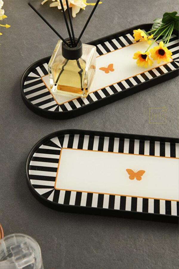 Kelebek Desen Detaylı Cam Sunum Tepsisi Siyah 2 Adet 12x30 cm - 1