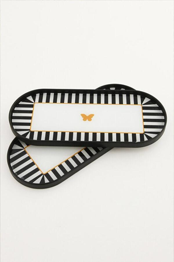 Kelebek Desen Detaylı Cam Sunum Tepsisi Siyah 2 Adet 12x30 cm - 2