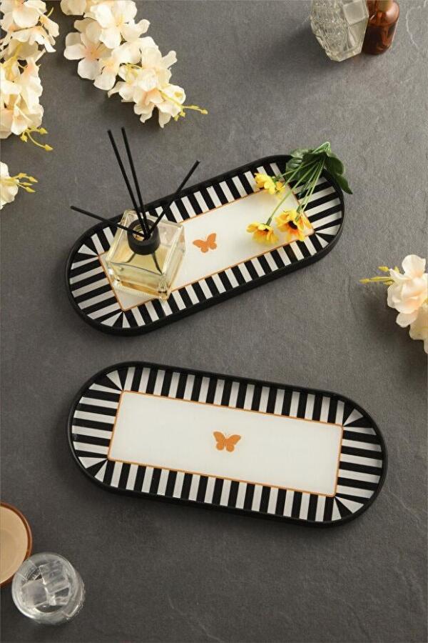 Kelebek Desen Detaylı Cam Sunum Tepsisi Siyah 2 Adet 12x30 cm - 3
