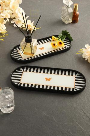 Kelebek Desen Detaylı Cam Sunum Tepsisi Siyah 2 Adet 12x30 cm - 4