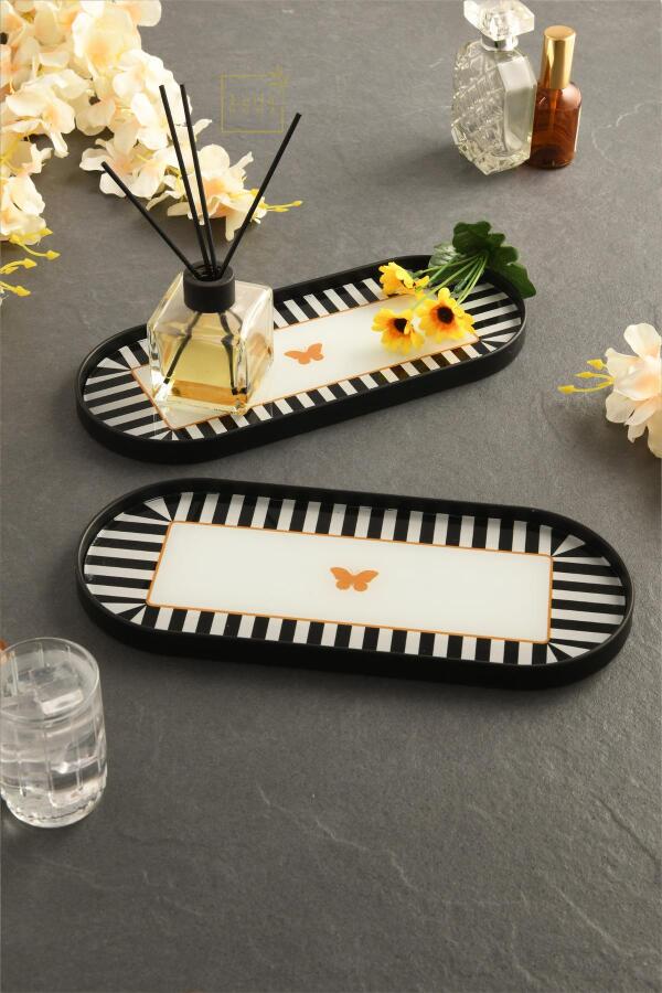 Kelebek Desen Detaylı Cam Sunum Tepsisi Siyah 2 Adet 12x30 cm - 4