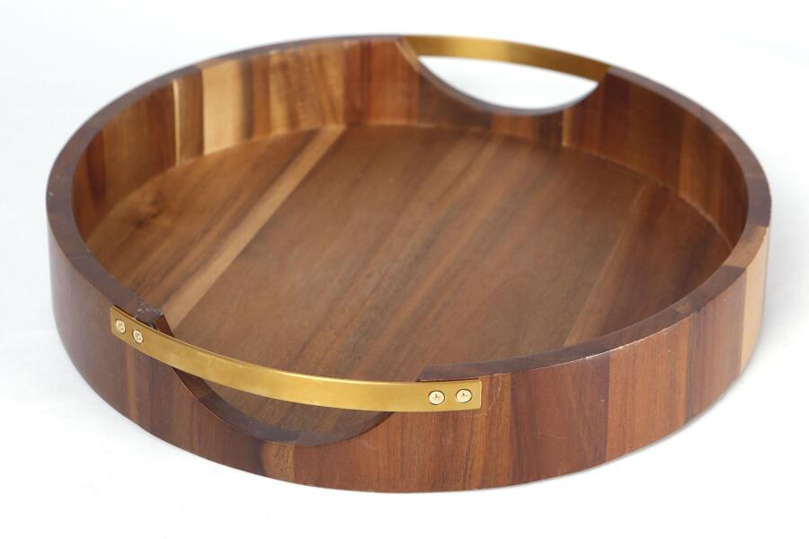 Natura Akasya Yuvarlak Gold Tutmalı Tepsi - 1