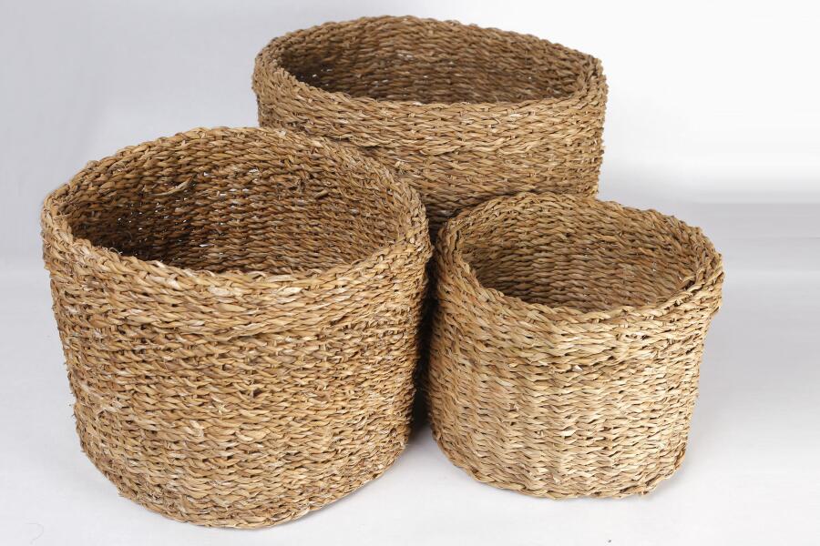 Natura Dekoratif Natural Renk Yuvarlak Seagrass Kare Hasır Sepet 3'lü Set - 1