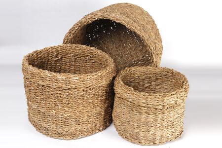 Natura Dekoratif Natural Renk Yuvarlak Seagrass Kare Hasır Sepet 3'lü Set - 3