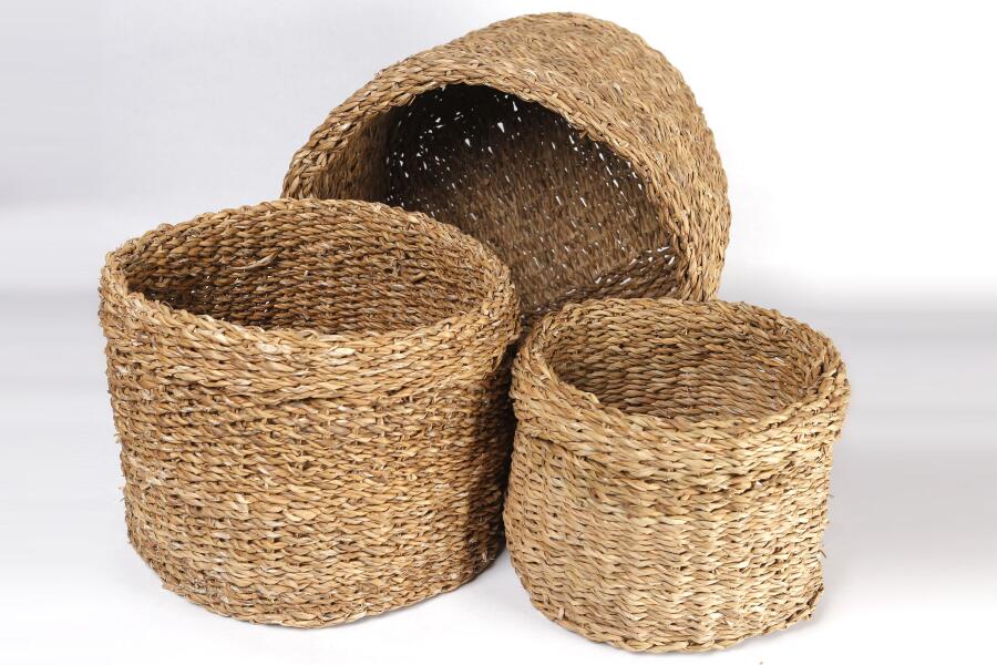 Natura Dekoratif Natural Renk Yuvarlak Seagrass Kare Hasır Sepet 3'lü Set - 3