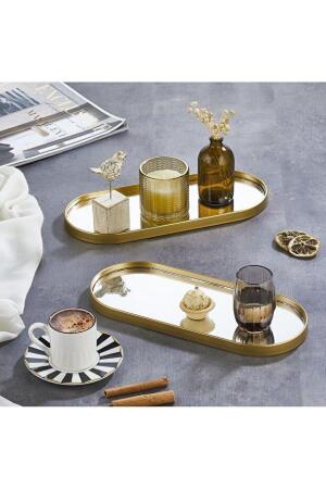 Oval Aynalı Gold 3'lü 12x30 İkramlık Kahve ve Çay Sunum Tepsisi (Çok Amaçlı) - 4