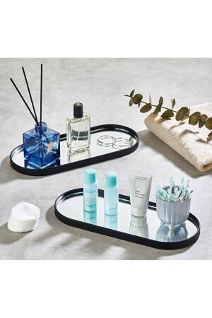 Oval Aynalı Siyah 3'lü 12x30 İkramlık Kahve ve Çay Sunum Tepsisi (Çok Amaçlı) - 3