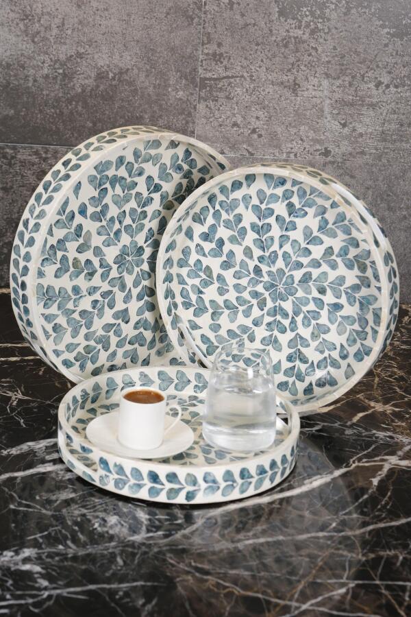 Sedefli 3'lü İndigo Mavi Detaylı Tepsi Seti - 1