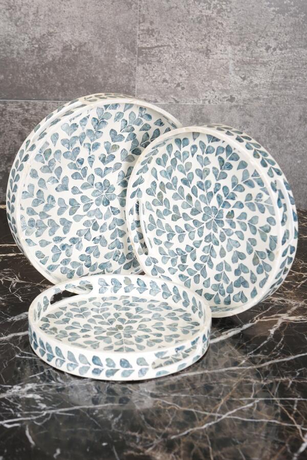 Sedefli 3'lü İndigo Mavi Detaylı Tepsi Seti - 2