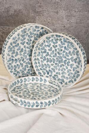 Sedefli 3'lü İndigo Mavi Detaylı Tepsi Seti - 3