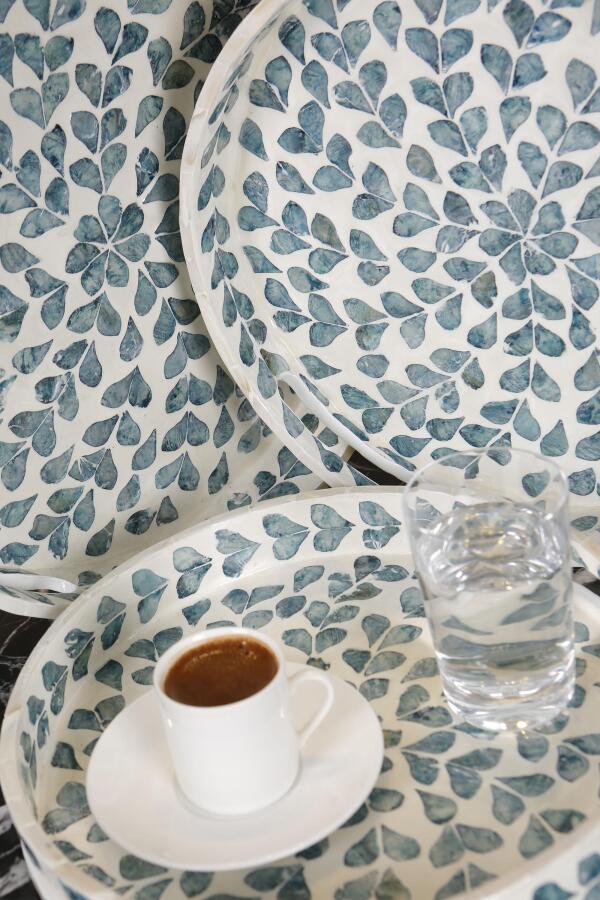 Sedefli 3'lü İndigo Mavi Detaylı Tepsi Seti - 4