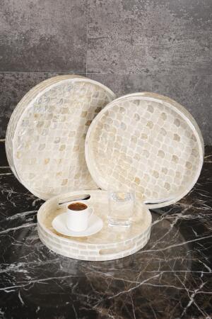 Sedefli 3'lü Krem Sedef Detaylı Tepsi Seti - Angelino Moda