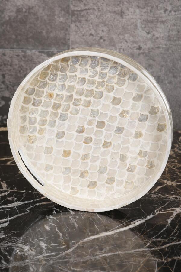 Sedefli 3'lü Krem Sedef Detaylı Tepsi Seti - 3