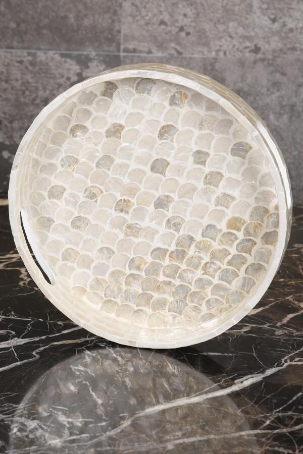 Sedefli 3'lü Krem Sedef Detaylı Tepsi Seti - 4