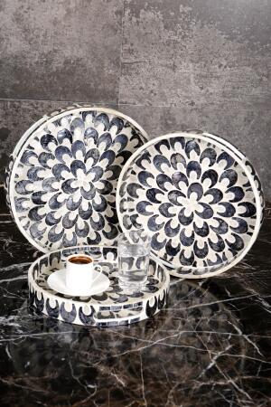 Sedefli 3'lü Siyah Beyaz Sedef Detaylı Tepsi Seti - Angelino Moda