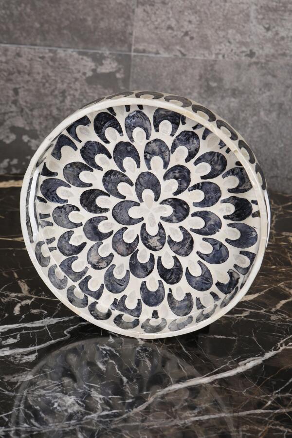 Sedefli 3'lü Siyah Beyaz Sedef Detaylı Tepsi Seti - 3