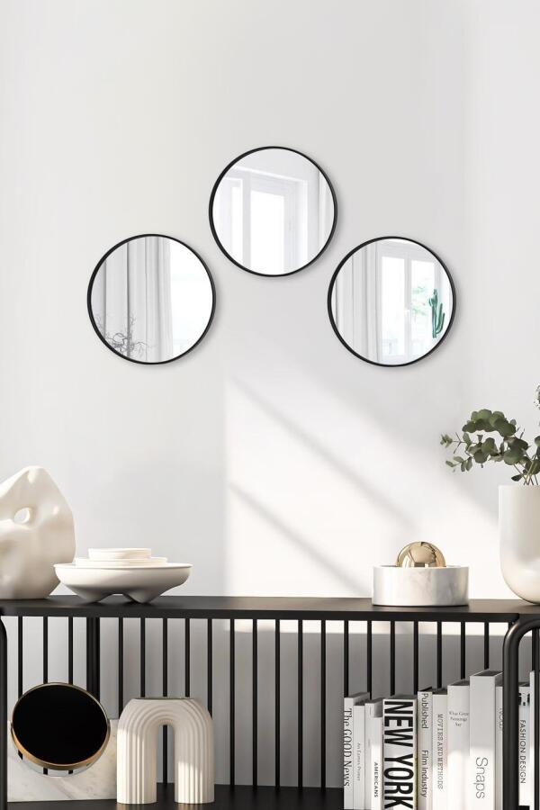 Yuvarlak Aynalı Siyah 3'lü 24x24 İkramlık Kahve ve Çay Sunum Tepsisi (Çok Amaçlı) - 2