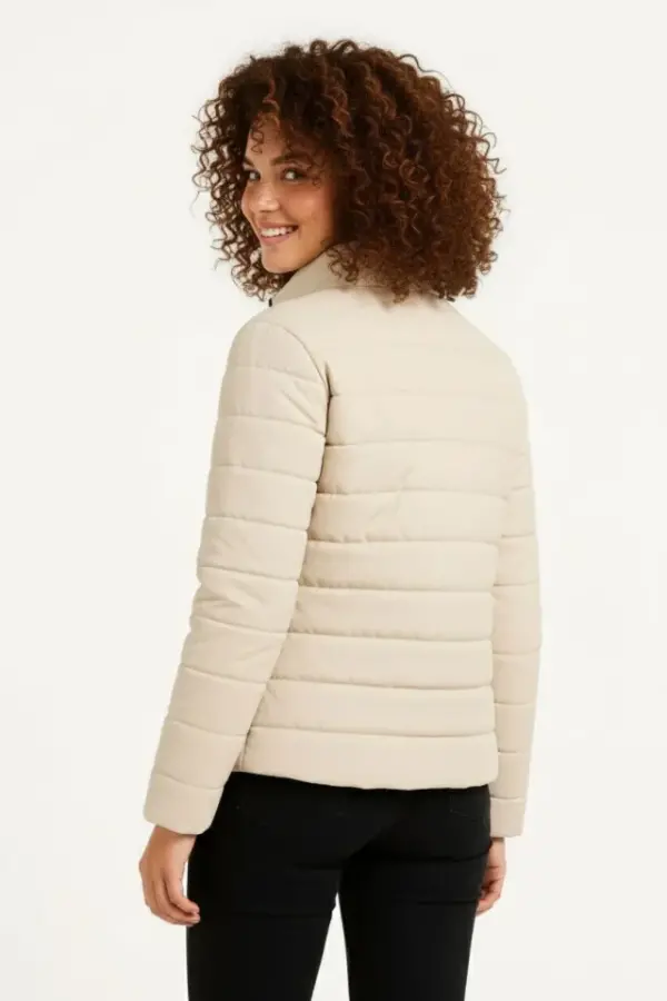 Mikro Su İtici Kapitone Baskılı Astarlı Fermuarlı Bomber Mont - Bej - 3