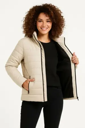 Mikro Su İtici Kapitone Baskılı Astarlı Fermuarlı Bomber Mont - Bej - ANGELINO BuyukBedeniz (1)