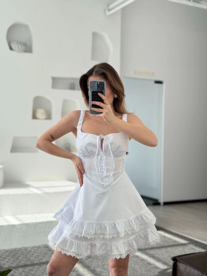 Mini Askılı Elbise - Beyaz - 1