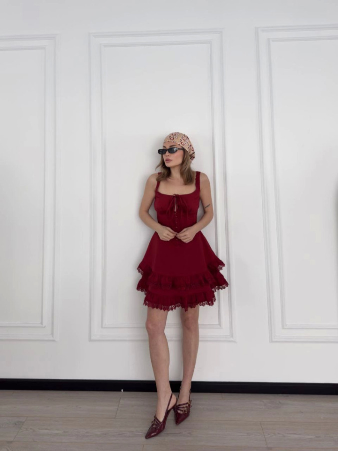 Mini Askılı Elbise - Bordo - 1