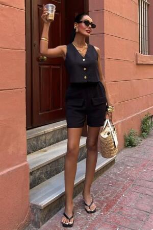 Mini Yelekli Şortlu Keten Takım 10176-08 - 6