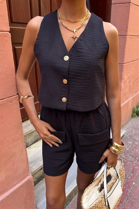 Mini Yelekli Şortlu Keten Takım 10176-08 - 9