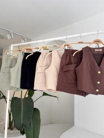 Mini Yelekli Şortlu Keten Takım 10176-08 - 10