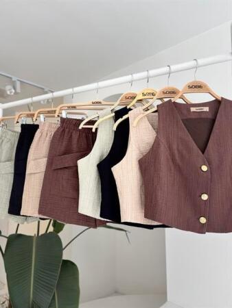 Mini Yelekli Şortlu Keten Takım 10176-08 - 11